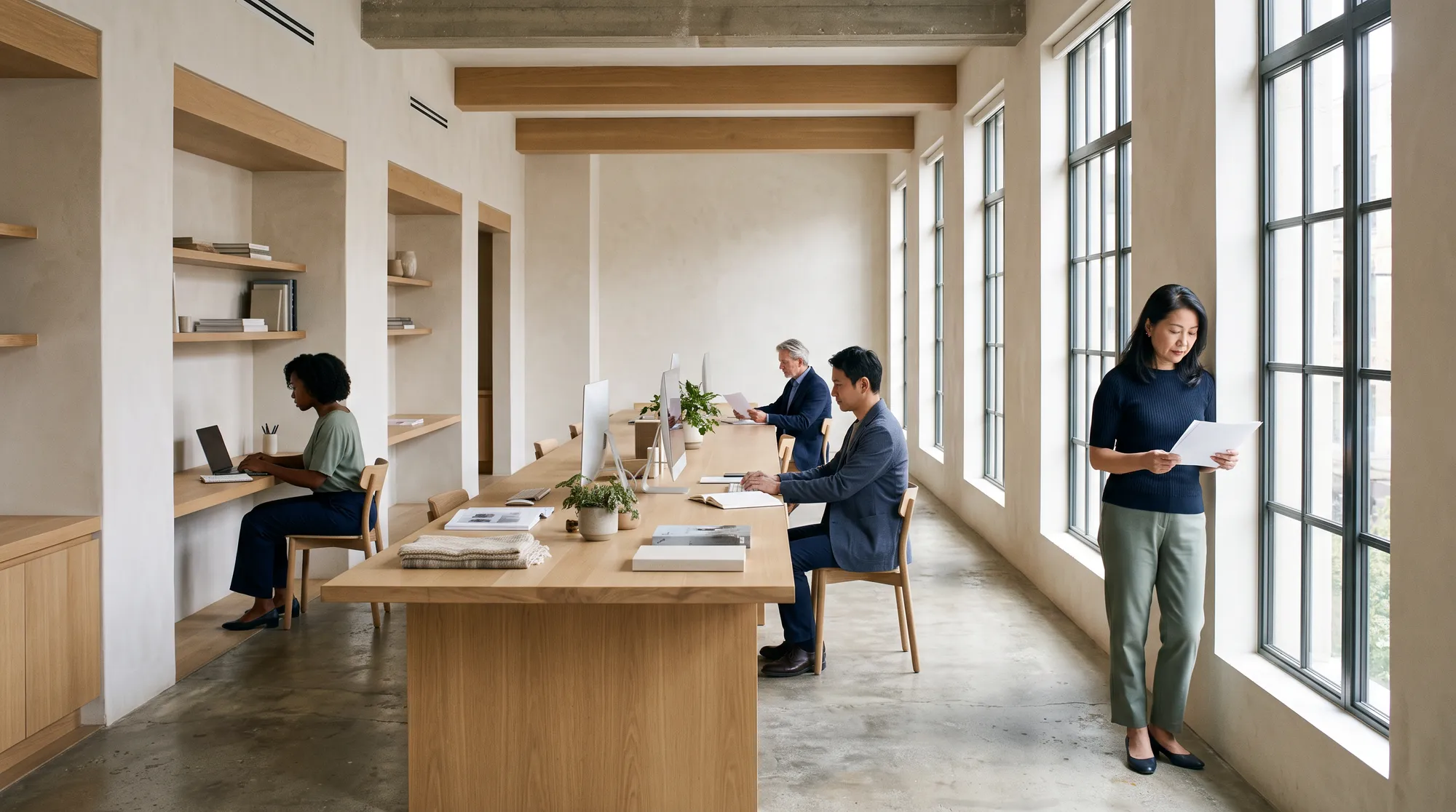 The working floor of a small senior firm — a long shared table, tall windows, four people at a distance