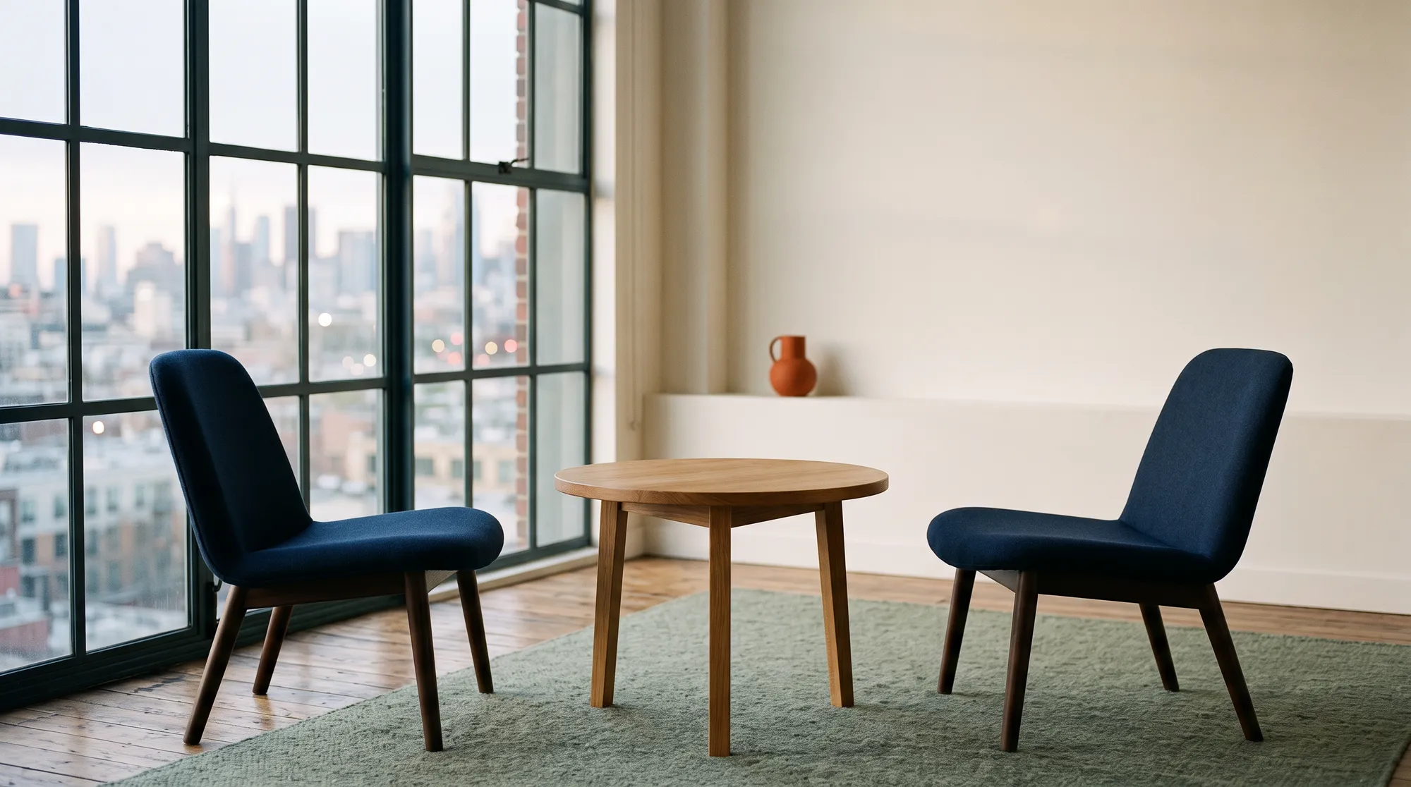 Two empty chairs facing each other across a small table by a tall window at first light