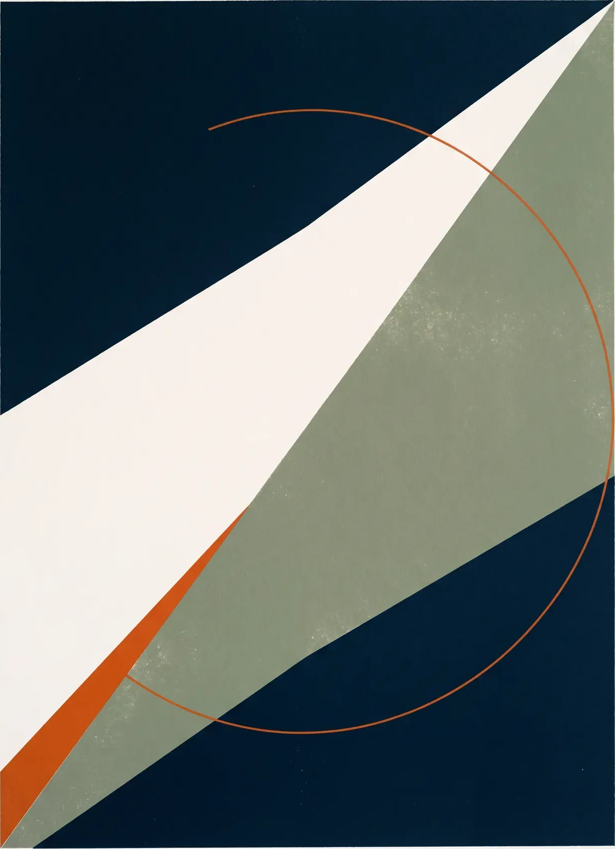 A screen-printed geometric composition in navy, off-white and sage, crossed by a thin orange arc