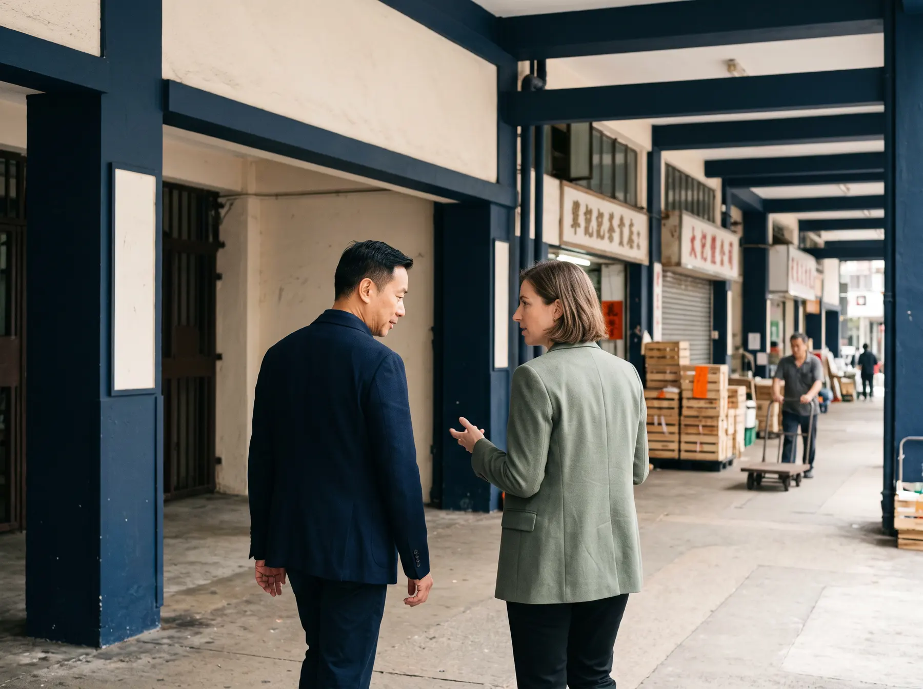 Two colleagues walking and talking through the arcade of a working commercial district on a bright morning