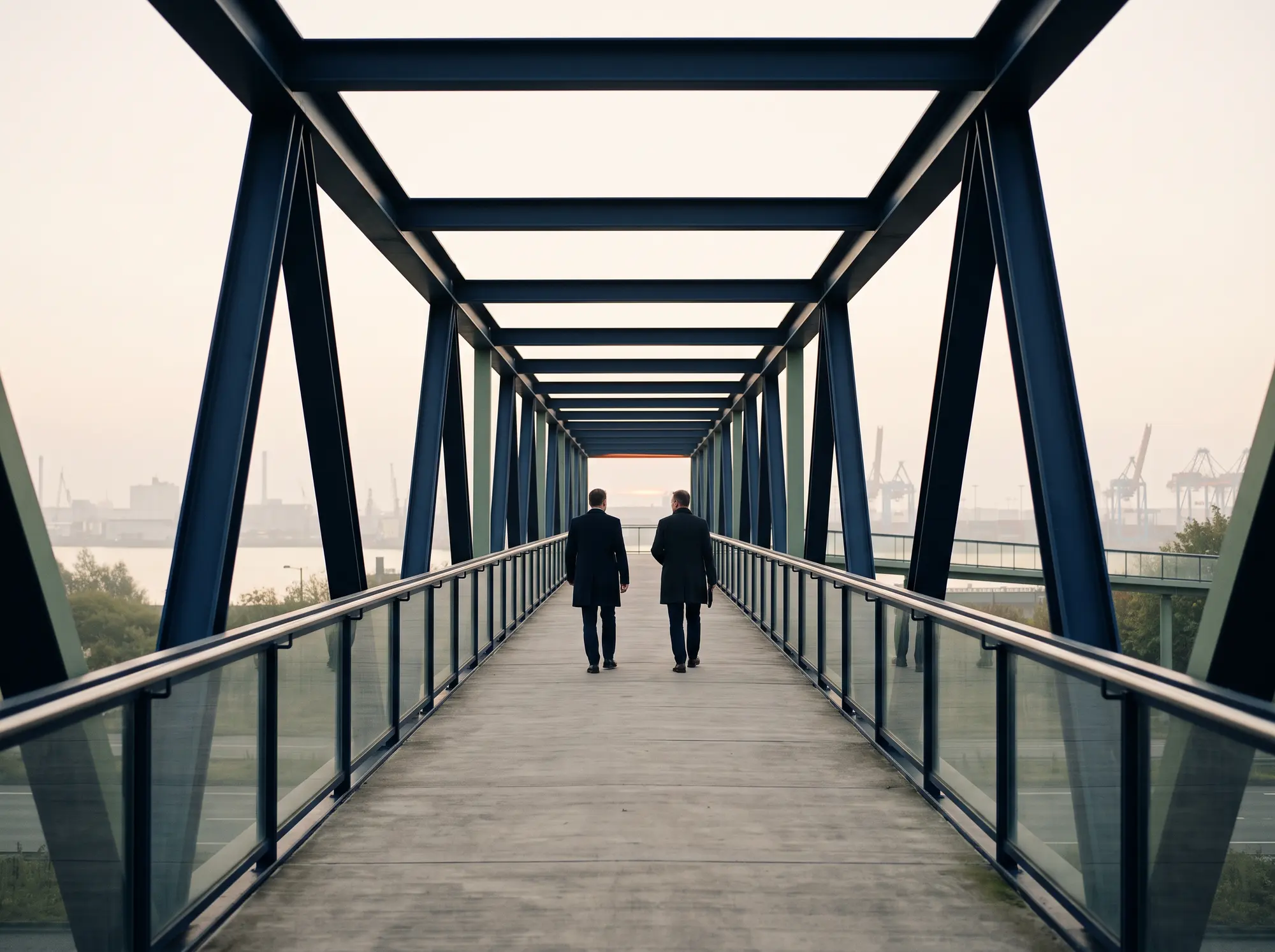 Two executives walking the length of an elevated steel footbridge toward a harbour skyline at dawn