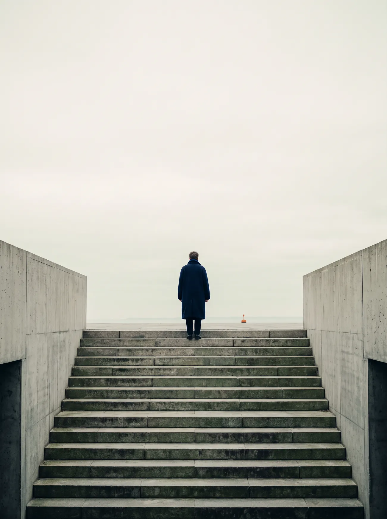 A lone figure at the top of a wide concrete stair, facing an open horizon