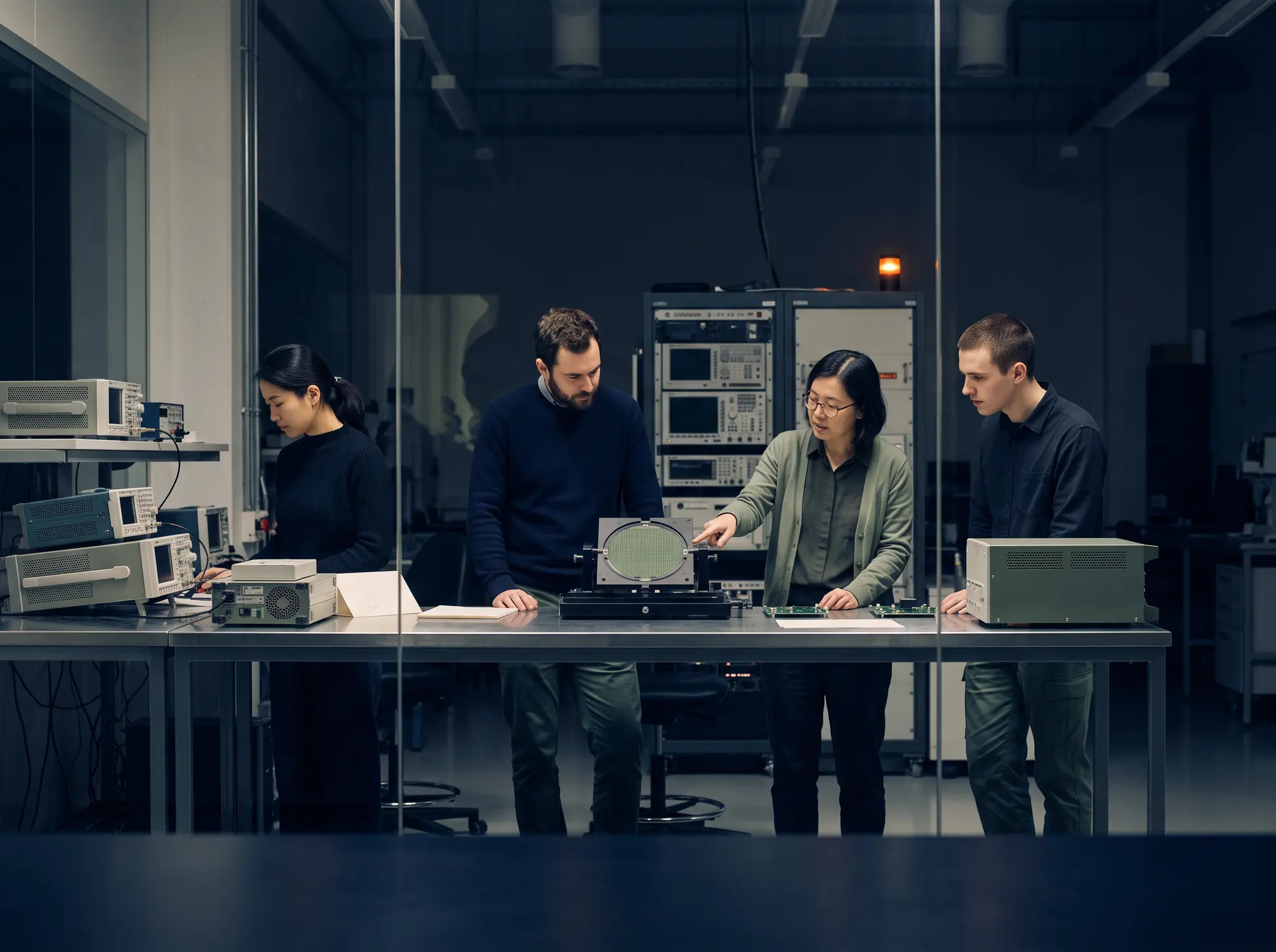 Four researchers at a workbench in a hardware laboratory at night, examining a silicon wafer