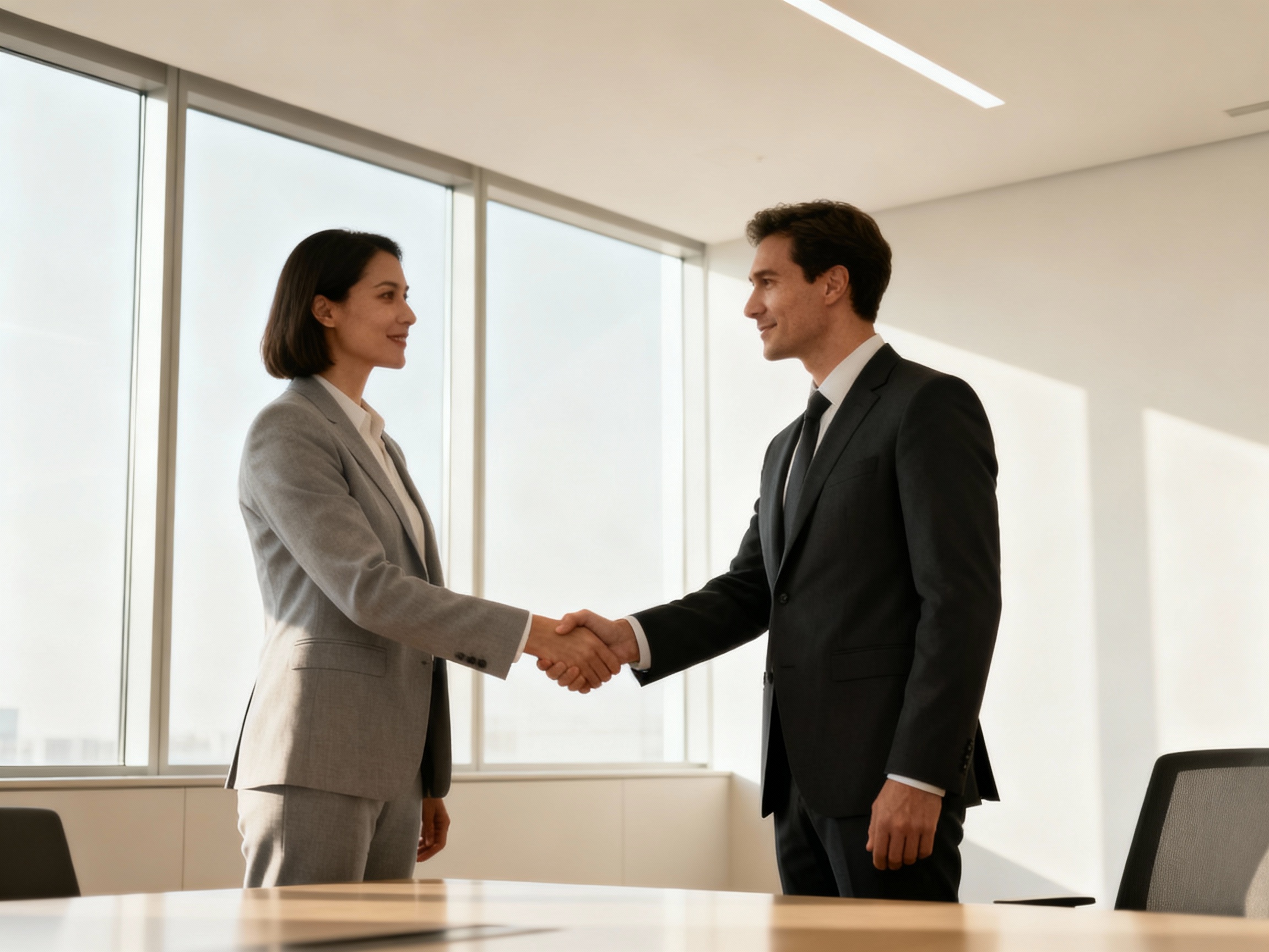 Two professionals shaking hands during executive search firm partnership evaluation and vendor selection