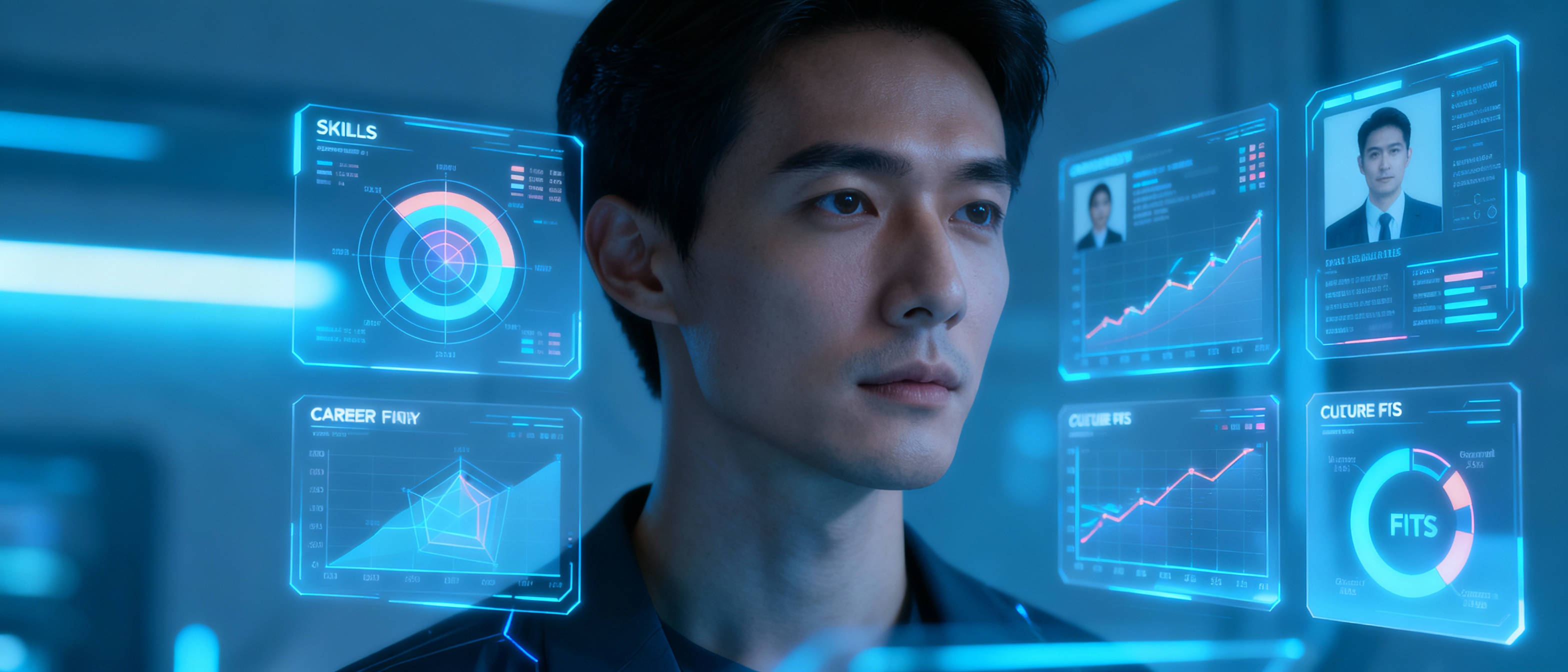 A sophisticated AI agent interface analyzing candidate data across multiple dimensions including skills, culture fit, and career trajectory