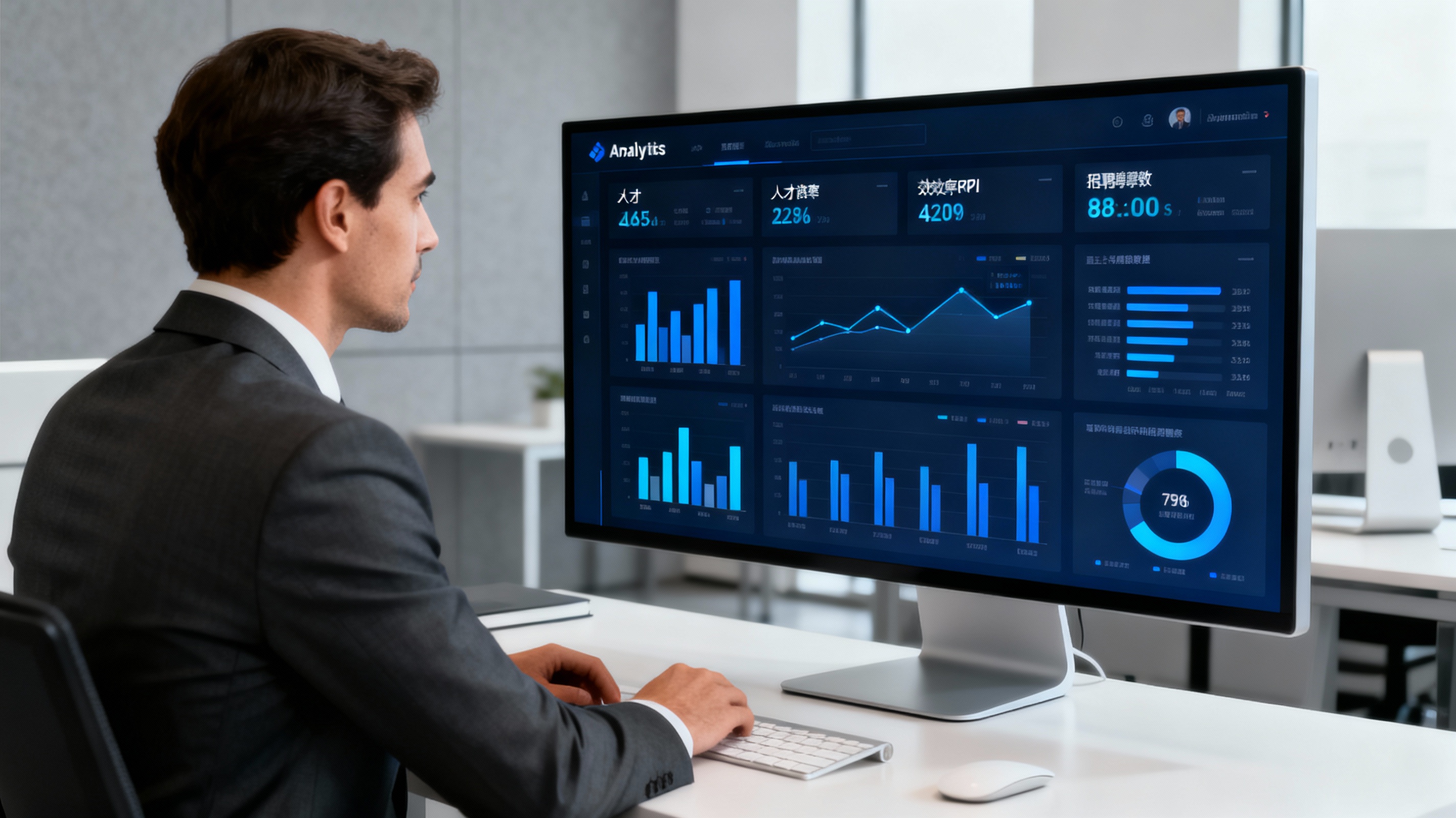 Executive reviewing talent analytics dashboard showing efficiency metrics