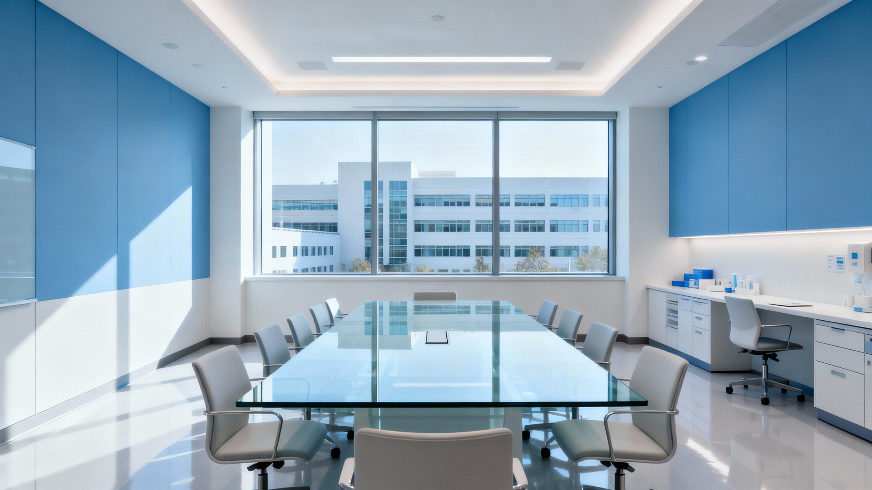 Healthcare executive recruitment team conducting board-style interview in professional conference setting