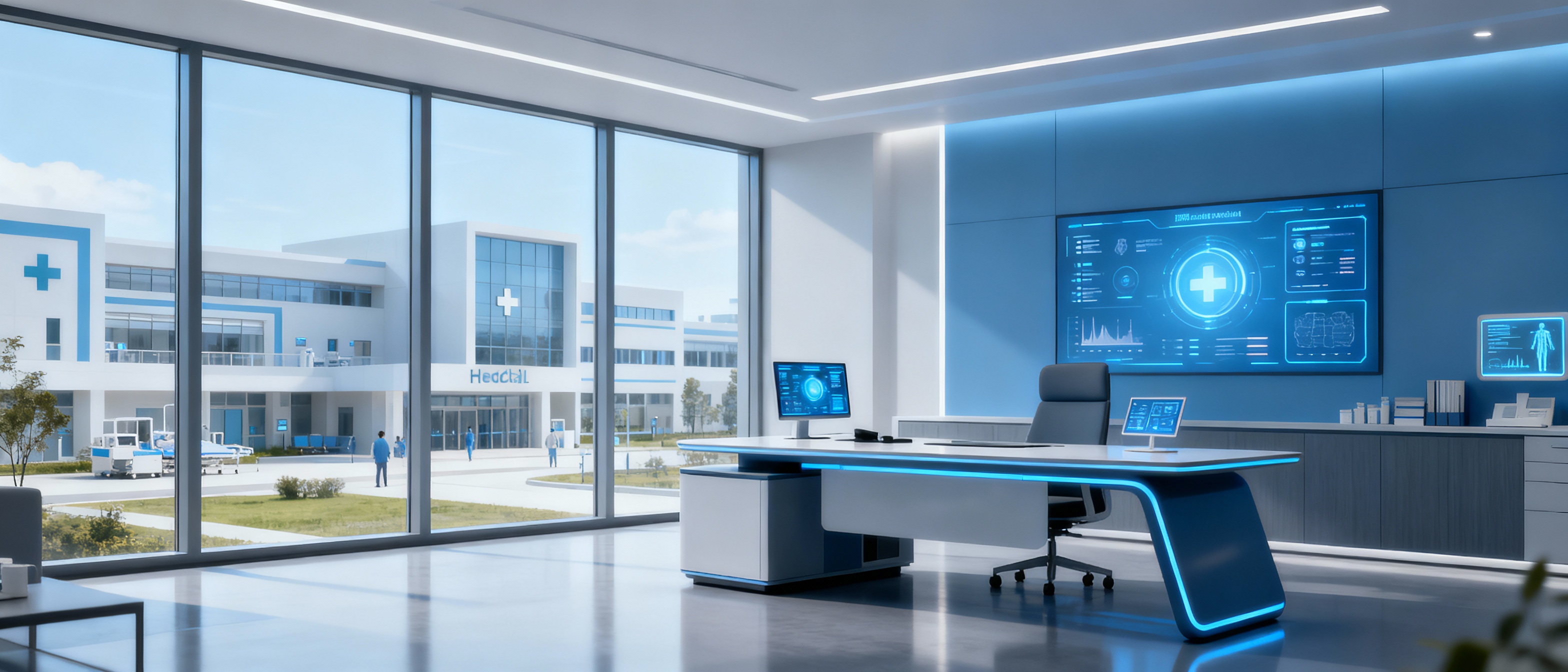 Healthcare administrator office overlooking hospital campus - medical executive leadership workspace