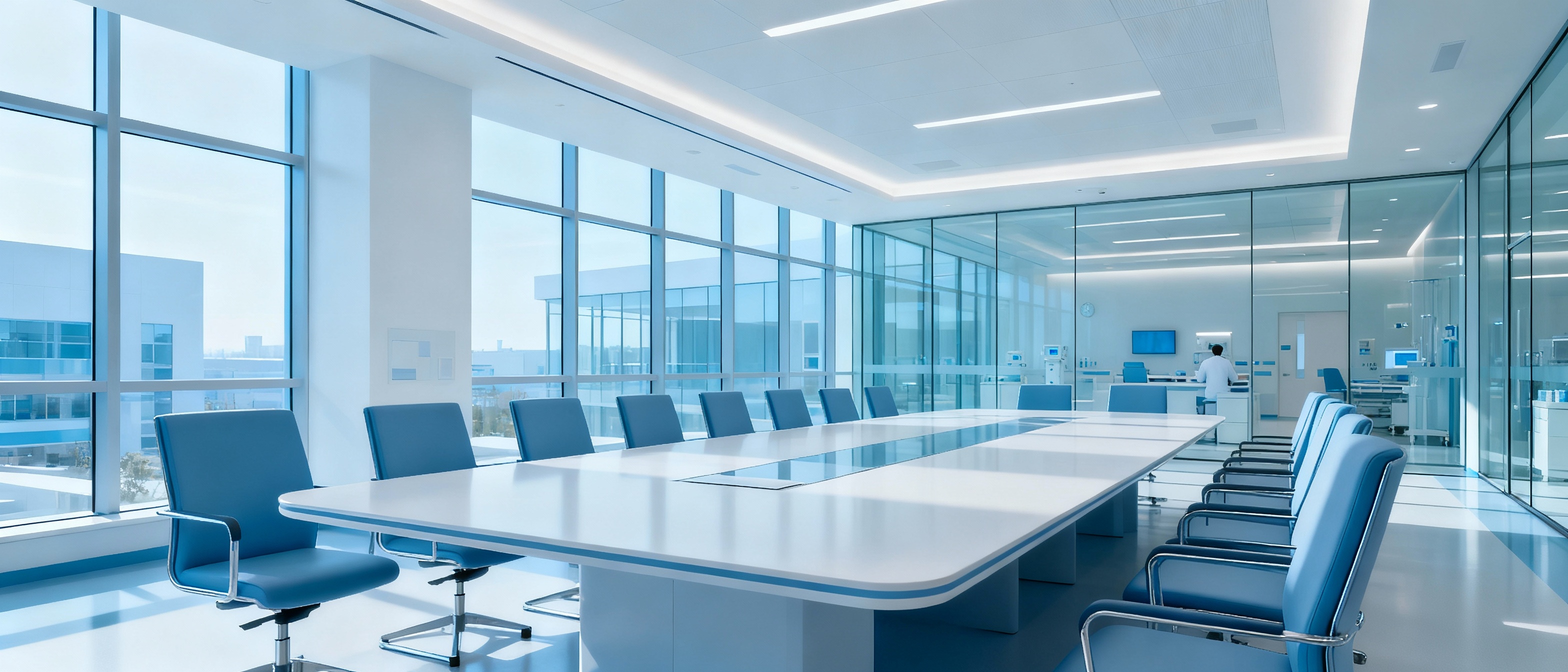 Healthcare C-suite executives in modern boardroom during strategic medical leadership planning session